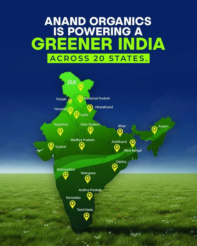 Map of Anand Organics customer presence across 20 Indian states and export to Nepal